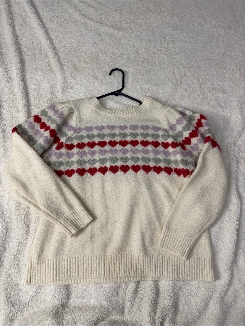 Maurices Cream Crewneck Sweater with Red and Lilac Heart Stripes